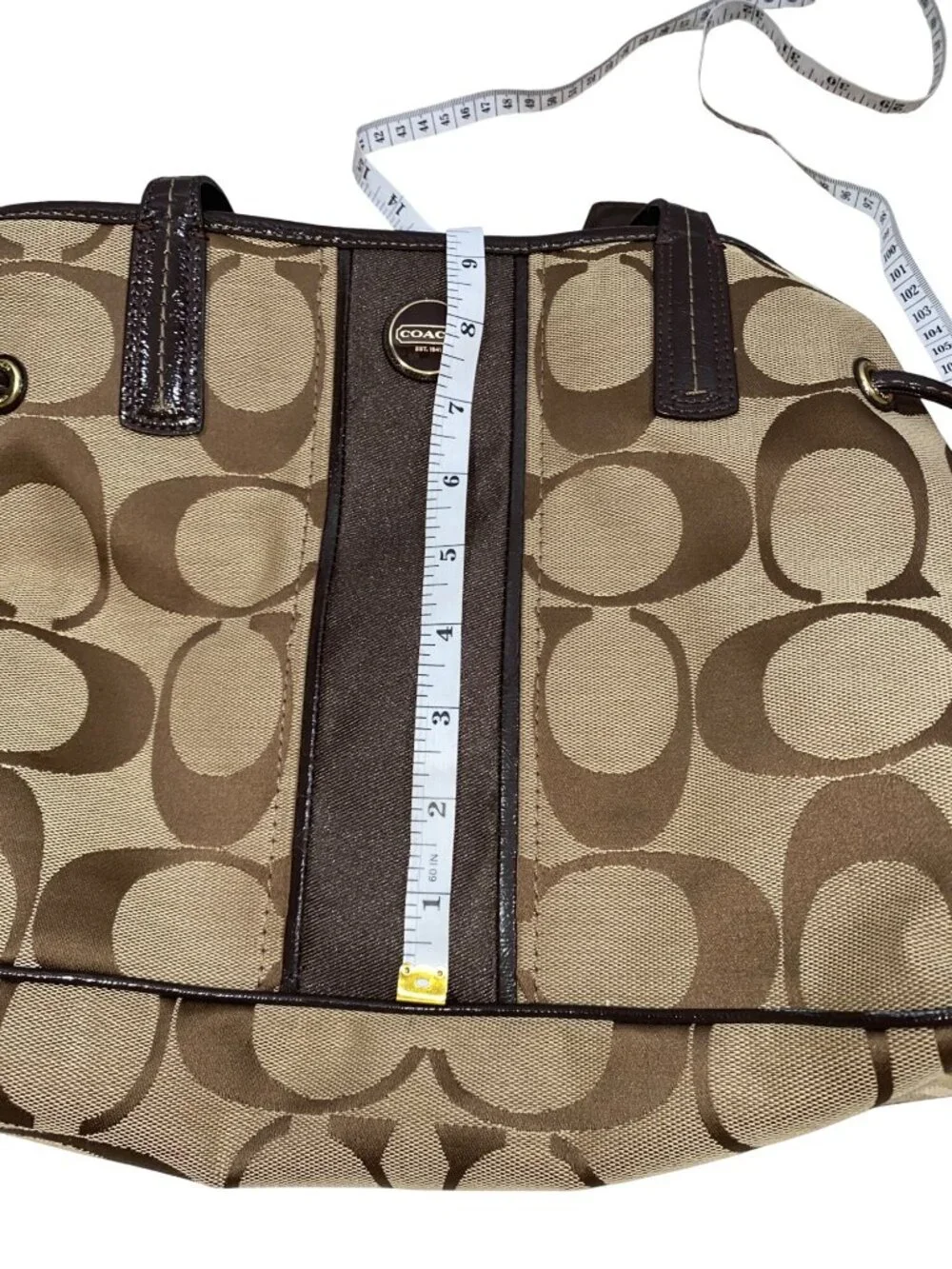 Coach Signature Canvas Tote Bag With Brown Leather Trim & Gold Hardware F21949
